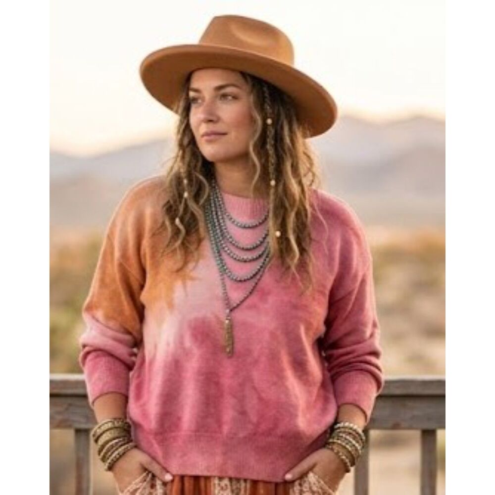 Revolve Lovers + Friends Pink Brown Tie Dye Crewneck Sweater Boho Oversized M
